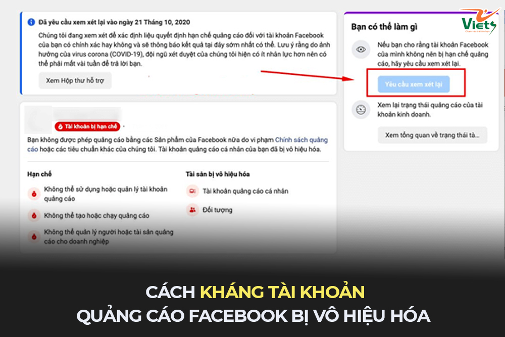 kháng tài khoản quảng cáo Facebook bị vô hiệu hóa